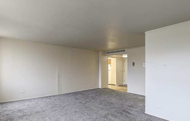 A room with a grey carpet and white walls.