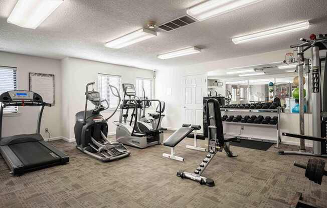 A well-equipped gym with treadmills, elliptical machines, and weightlifting equipment.