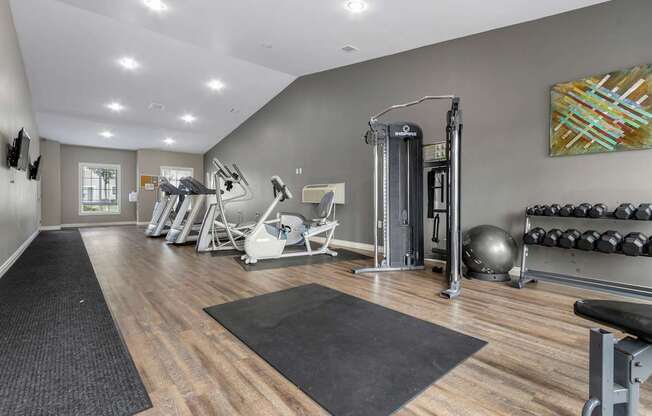 A gym with a variety of equipment including weights and a bench.