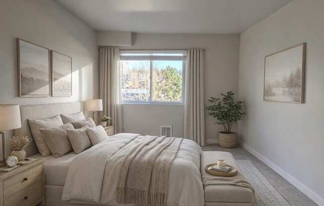 A bedroom with a large bed and a window overlooking a snowy landscape.