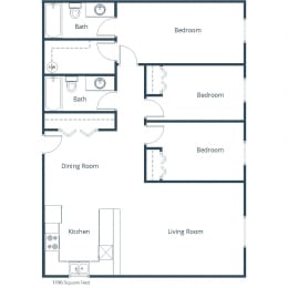 Aspen Ridge Apartments in Fargo, ND | Three Bedroom Floor Plan 32A