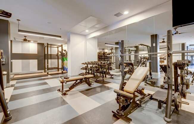 a spacious fitness room with weights and cardio equipment