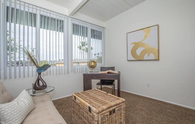 a bedroom with a large window