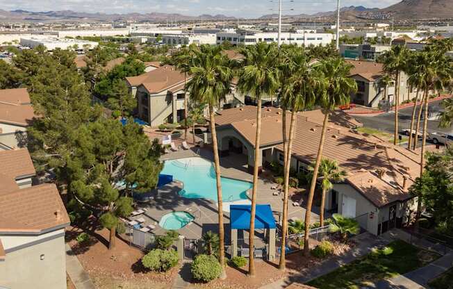a house with a swimming pool and palm trees