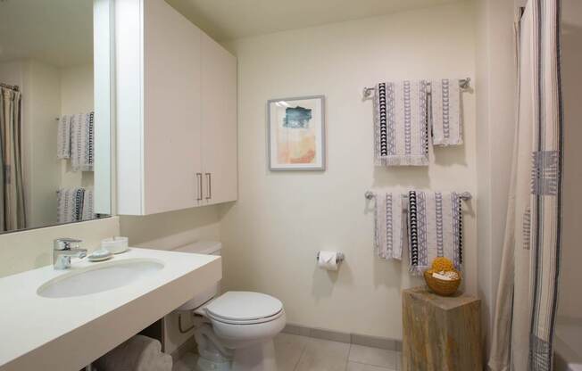 A bathroom with a toilet, sink, and a picture on the wall.