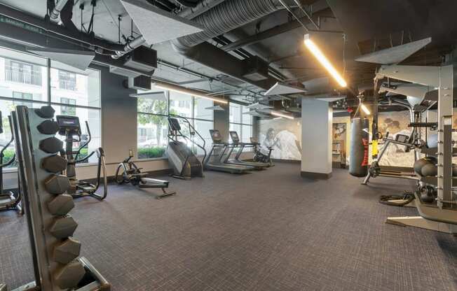 a gym with cardio equipment and windows in a building  at Vue, San Pedro, CA, 90731