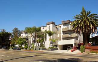 an apartment building on the corner of a street with a palm tree