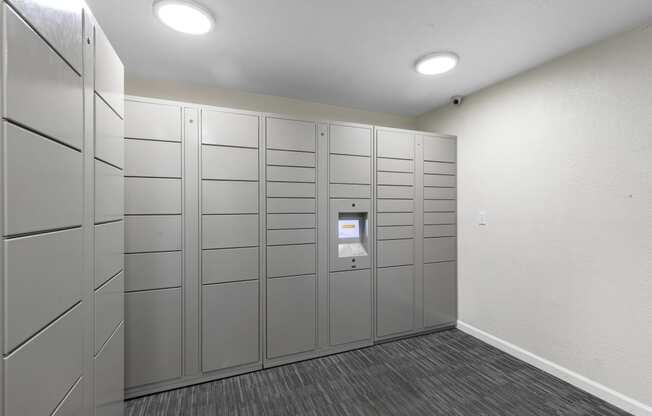 a row of Package Receiving  lockers in a room with a carpeted floor  at Park Edmonds Apartment Homes, Washington, 98026