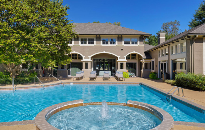 The Estates at River Pointe resort-style pool area with heated spa