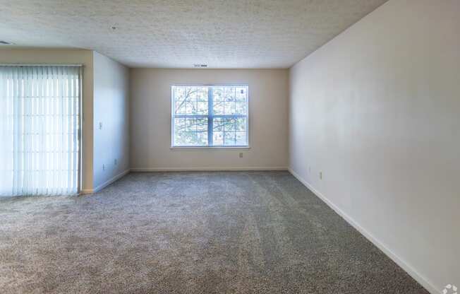 A room with a carpeted floor and a window with blinds.