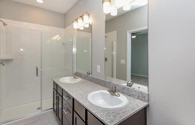 a double sink and large mirror