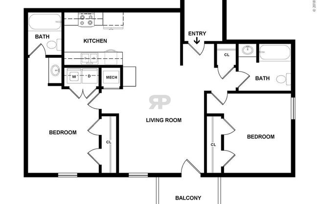 2 beds, 2 baths, 978 sqft, $1,100