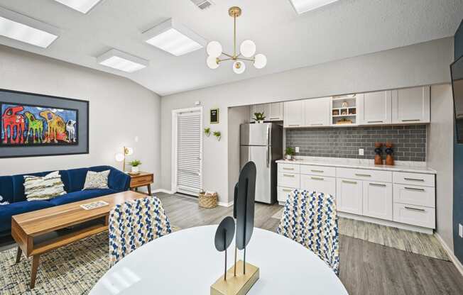 our apartments offer a living room with a dining area and a kitchen