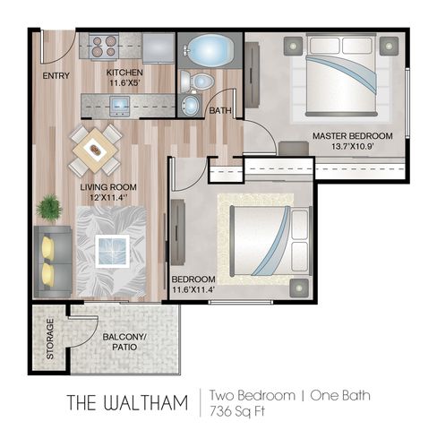 2 beds, 1 bath, 736 sqft, $2,214