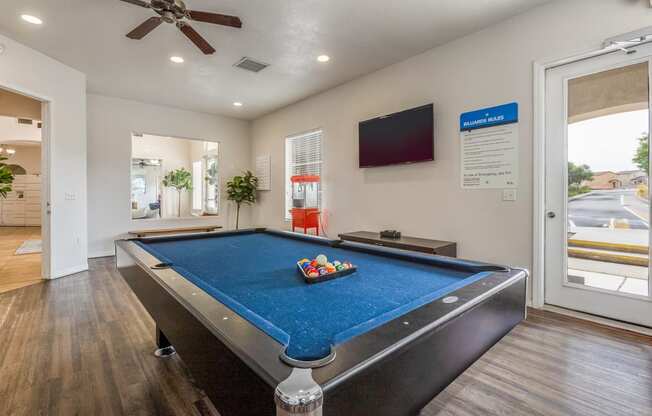 a game room with a pool table and a tv