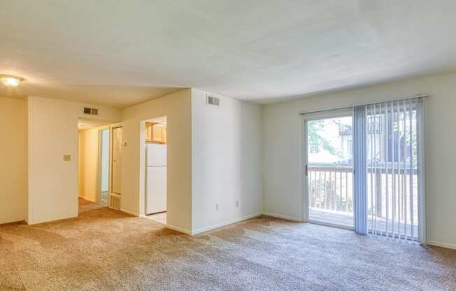 Living Area and Patio at The Everett  Apartments in Roanoke, VA 24018