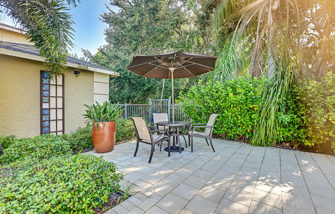 A patio with a table and chairs under an umbrella.