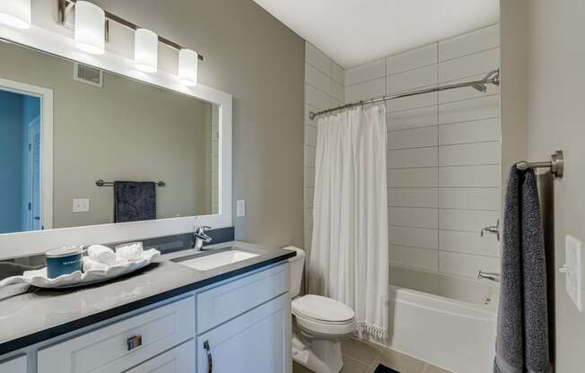 Large bathroom with tiled tub and shower surround in 2 bedroom Princeton floor plan
