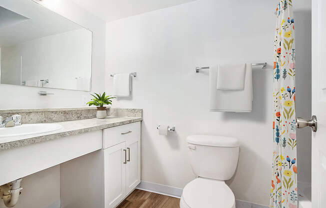 A white toilet sits next to a sink in a bathroom.