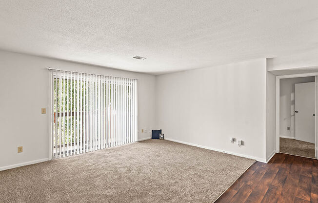 an empty living room with white walls and a sliding glass door