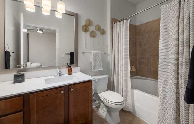 a bathroom with a toilet sink and shower and a mirror