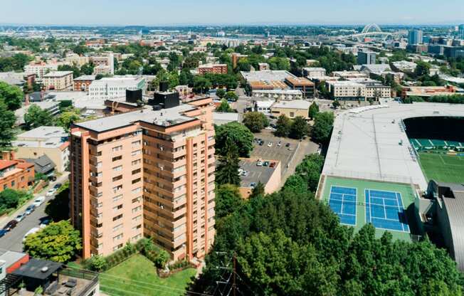 Drone photo looking down on Portland Towers