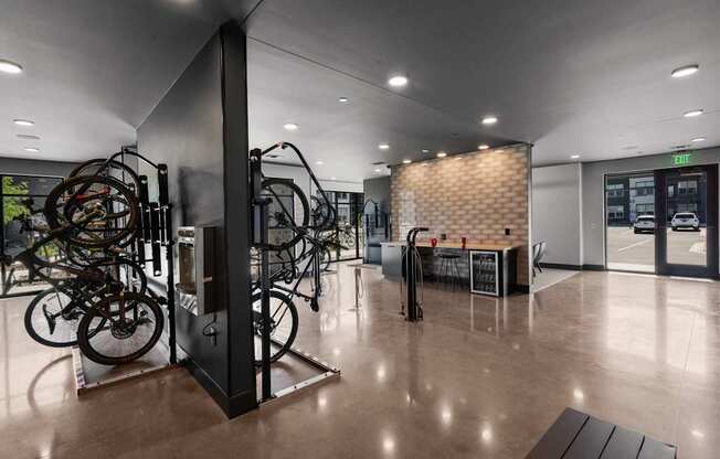 A bike shop with a variety of bikes on display.