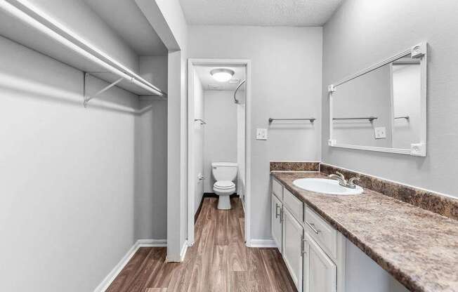 A bathroom with a toilet, sink, and mirror.