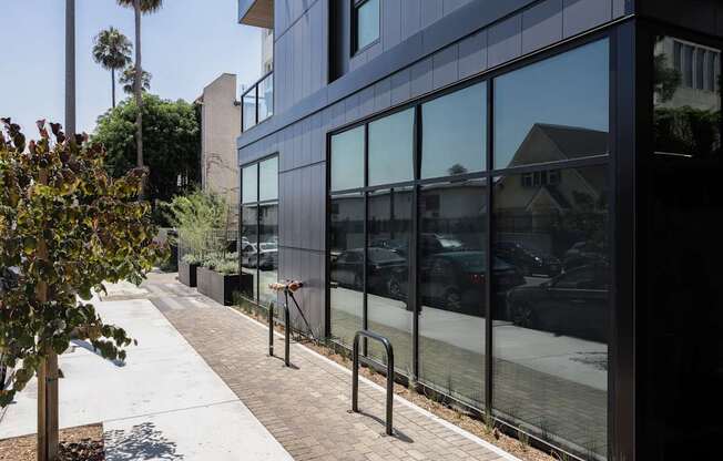 A modern building with a tree in front of it at Skylar At Sunset Apartments, Los Angeles 90027