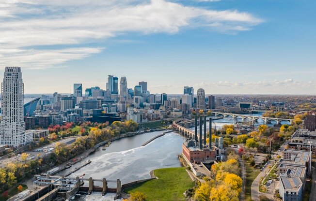 a view of the city from above the river
