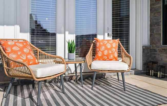 Two chairs with orange cushions are on a striped rug at Madison Prickett Preserve, Pennsylvania, 19067