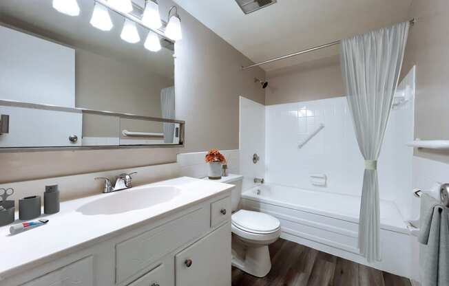 a bathroom with a shower, toilet, and a sink