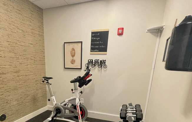 A gym with a weight bench and a wall mounted pull up bar.