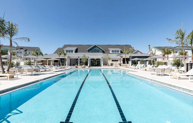 a large swimming pool, sundeck with chairs and palms, and Concorde clubhouse