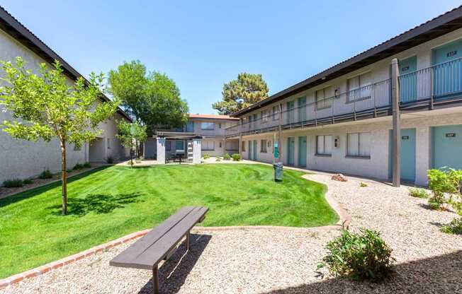 A sunny day at the courtyard of a residential building.