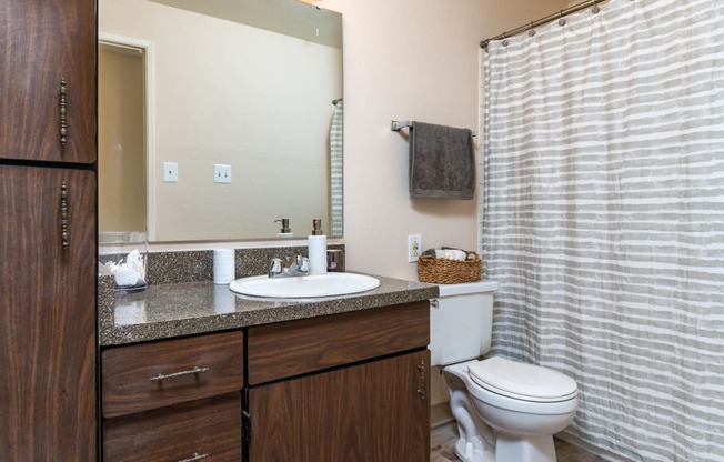 Model Bathroom with wood cabinetry and large mirror