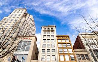 looking up at the southwest corner of the tower at 26 West, Managed by Buckingham Urban Living, Indianapolis