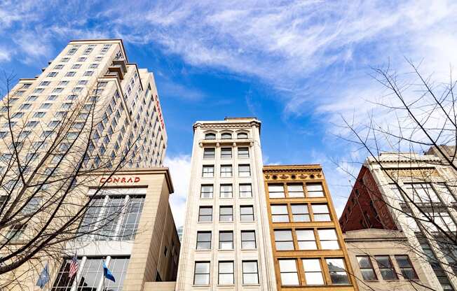 looking up at the southwest corner of the tower at 26 West, Managed by Buckingham Urban Living, Indianapolis