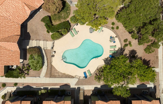 an aerial view of a swimming pool in a backyard with trees