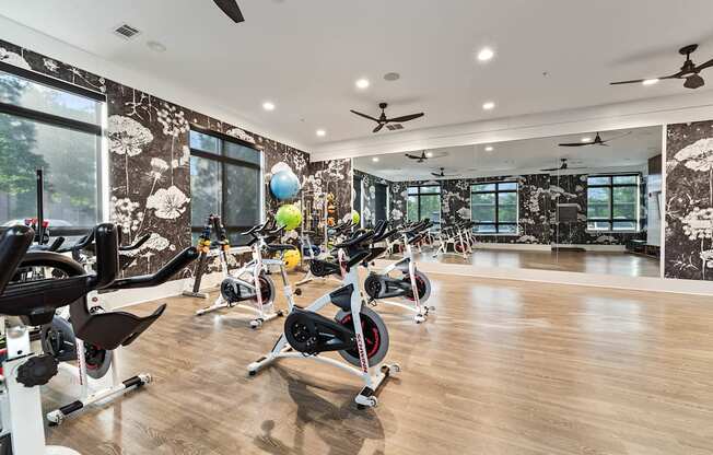 the gym has a slew of bikes and treadmills in it