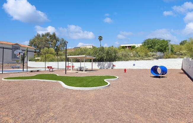 Community Dog Park with Agility Equipment at Hilands Apartments in Tucson, AZ.