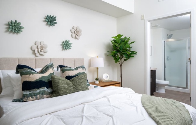 A bedroom with a bed, pillows, a nightstand, and a plant.