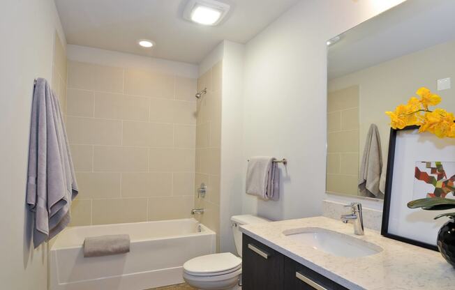 a bathroom with a sink toilet and a bath tub