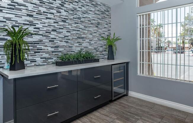 a kitchen with a large window