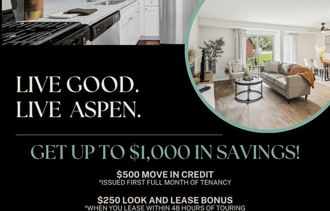 A flyer for Aspen Lake Trail advertising savings on rent and move-in credit.