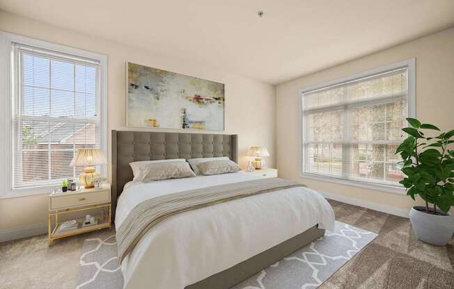 A bedroom with a large bed, a painting on the wall, and a potted plant.