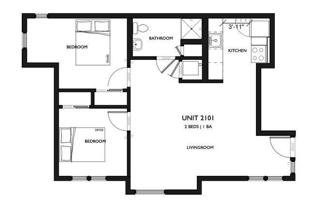 2 beds, 1 bath, 726 sqft, $1,799, Unit 2-101