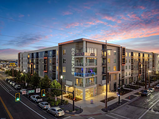 corner exterior shot at dawn at SevenO2 Main Apartments, Salt Lake City, 84101