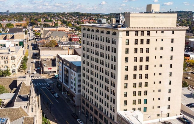 an aerial view of a large building in a city