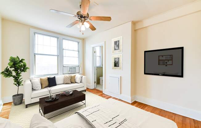 studio apartment showing sofa, bed, ceiling fan, large windows and view of kitchen at the foreland apartments in washinton dc